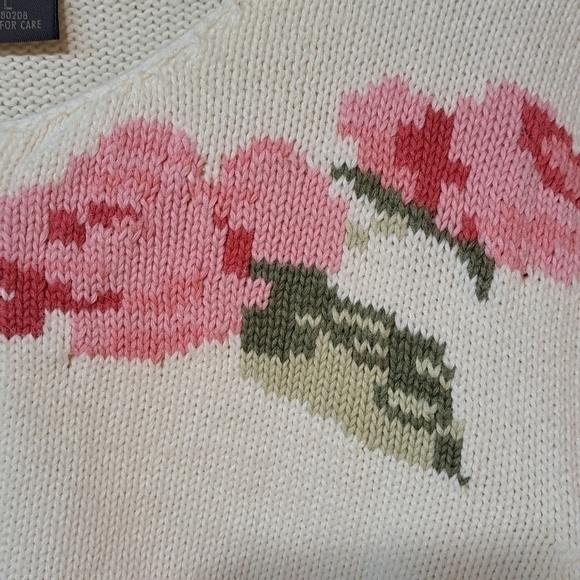 80s 90s RARE Floral Print Hand Knit Crewneck Cardigan Sweater Large  Cottagecore - Picture 4 of 16